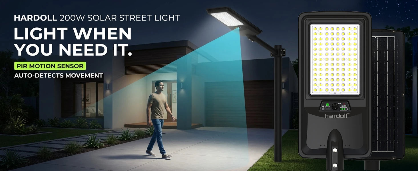 Hardoll 200W solar street light shown in a nighttime driveway scene with a person walking under its beam, plus a large product close-up on the right. Text highlights motion sensor and auto-detect movement.