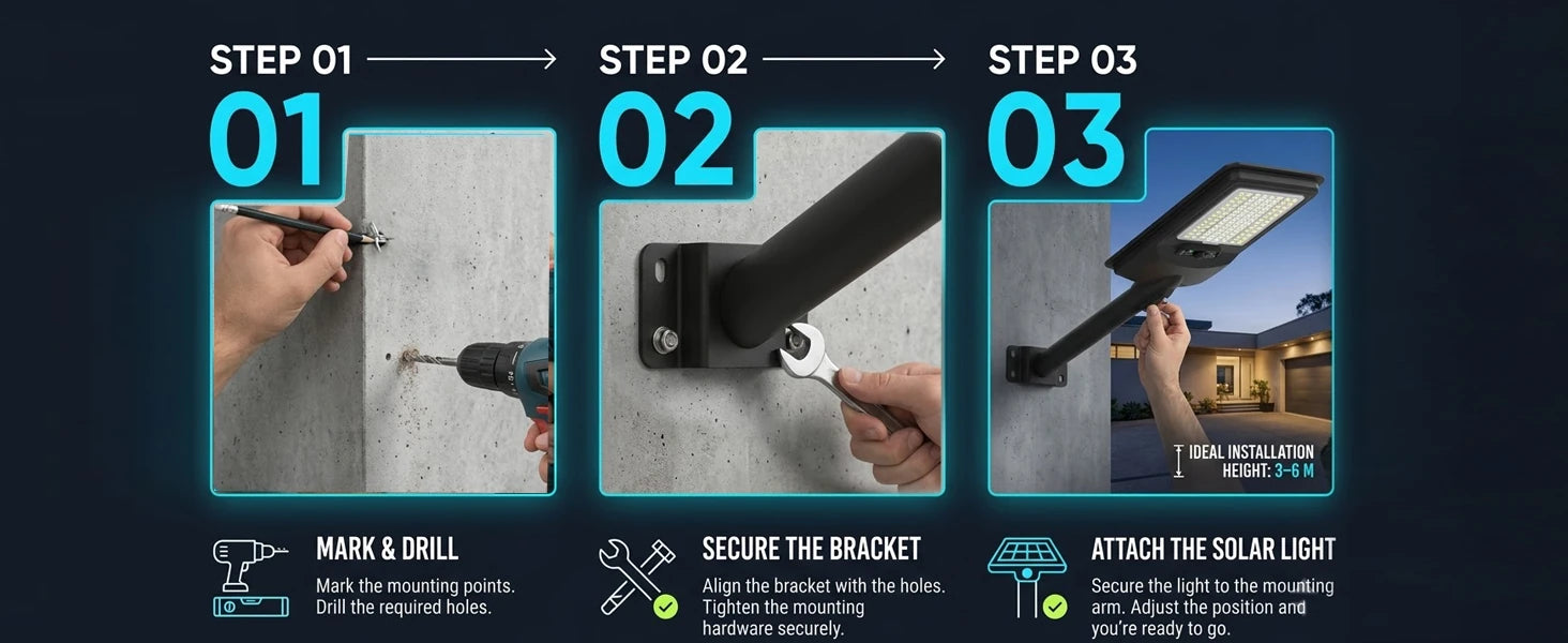 A three-step instructional graphic showing how to mount and attach a solar light. Step 01 shows hands marking and drilling a wall, Step 02 shows a hand securing a black bracket with a screwdriver, and Step 03 shows the solar light attached to the bracket against a night sky.
