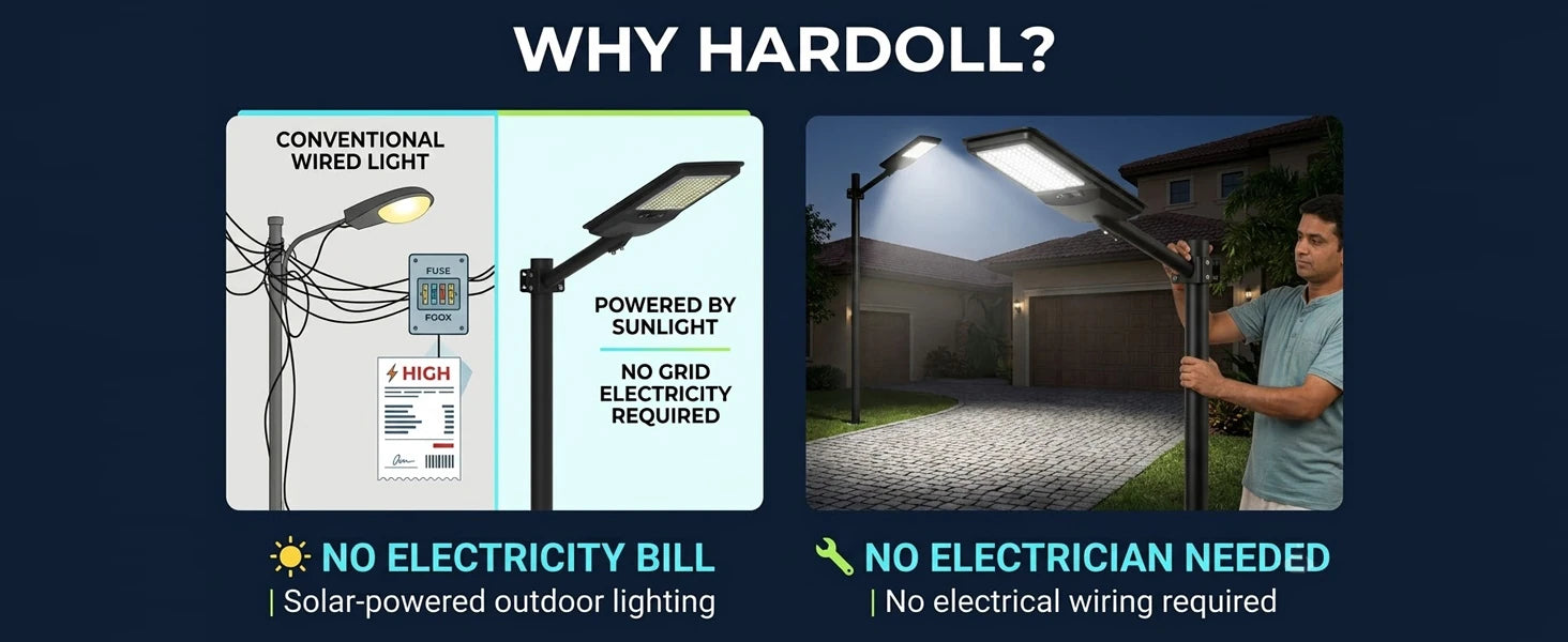 Promotional graphic for Hardoll solar-powered outdoor lighting, showing a conventional wired light on the left and a solar-powered light in use at night on the right, with text highlighting benefits like no electricity bill and no electrician needed.