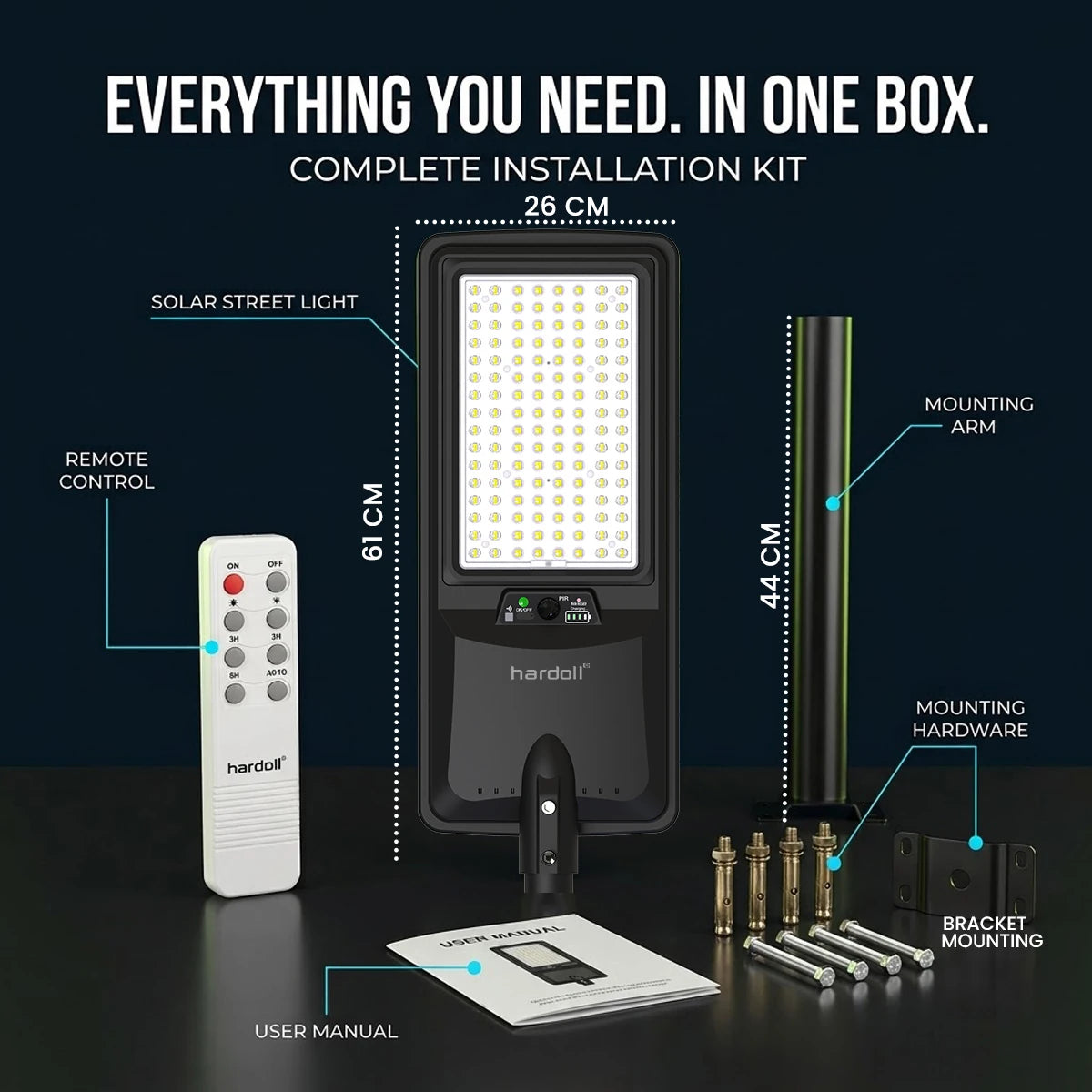 Hardoll 250W Solar Street Light – Motion Sensor & Remote, IP65 Waterproof | Solar Light for Home, Garden, Yard & Gate India