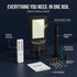 Hardat solar street light complete installation kit on a dark blue background, showing the solar street light, remote control, mounting arm, mounting hardware, mounting bracket, user manual, and labels pointing to each component.