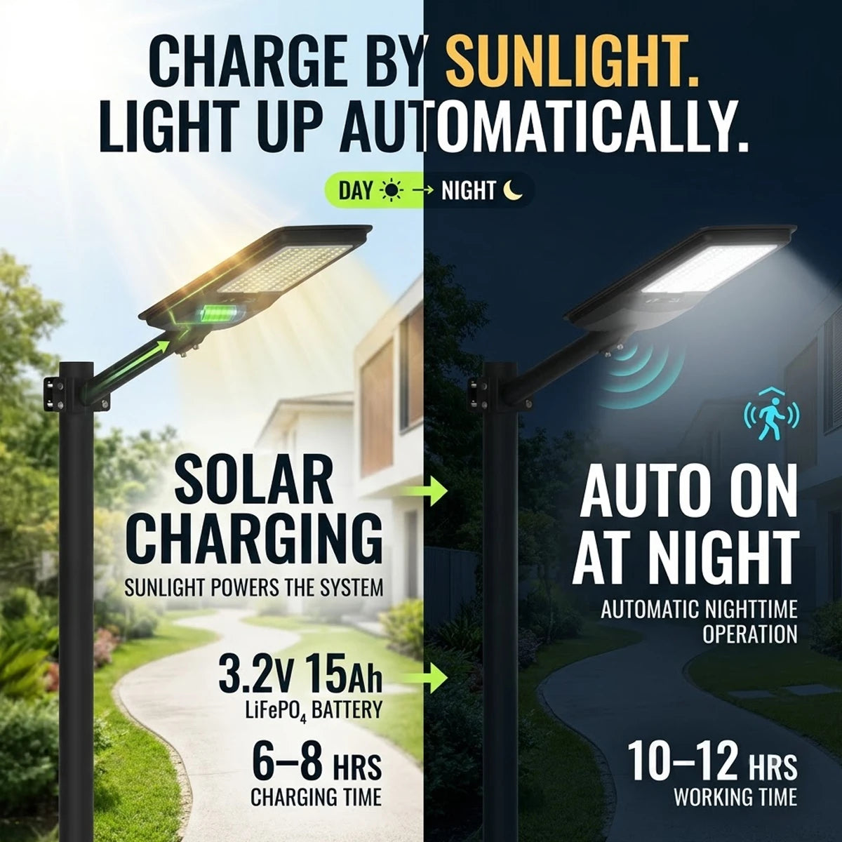 Promotional graphic for a solar-powered outdoor light pole with text highlighting daylight charging and automatic night operation, shown in a split day-and-night layout.