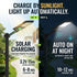 Promotional graphic for a solar-powered outdoor light pole with text highlighting daylight charging and automatic night operation, shown in a split day-and-night layout.
