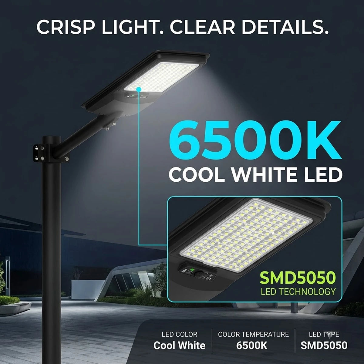 A black solar-powered outdoor street light with a cool white LED panel, shown illuminated against a dark night scene. The image includes promotional text highlighting '6500K COOL WHITE LED' and 'SMD5050 LED TECHNOLOGY', plus a close-up inset of the light head.