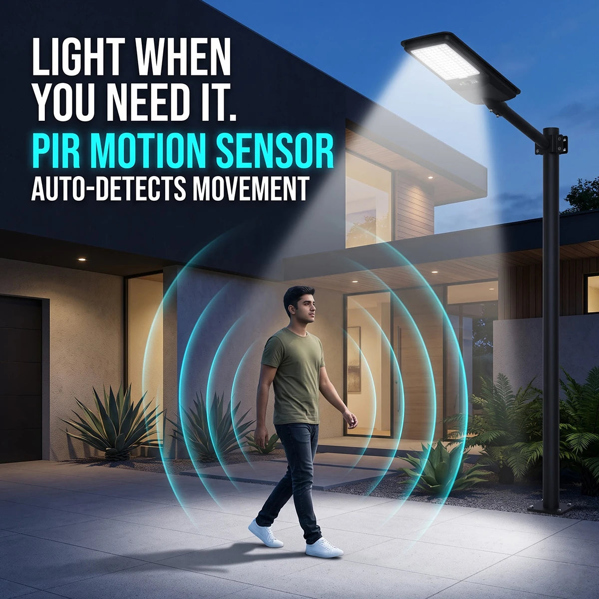 A modern outdoor LED street light mounted on a pole beside a house at dusk, with a man walking under its beam. The image includes marketing text reading 'LIGHT WHEN YOU NEED IT.