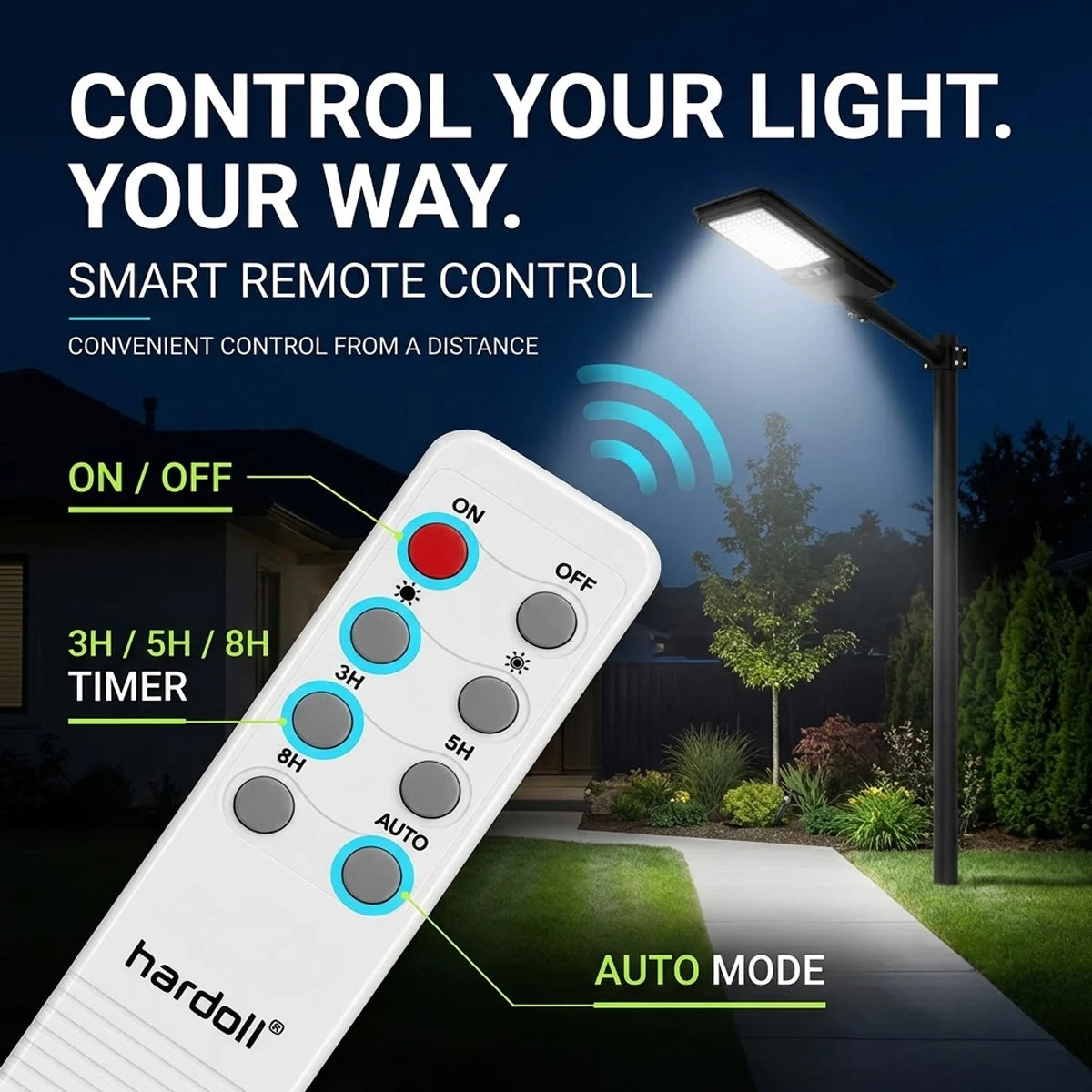 A smart remote control for a Hardoll outdoor LED pathway light, shown in the foreground with a nighttime garden scene in the background. The image includes text highlighting features like 'ON / OFF', '3H / 5H / 8H TIMER', 'AUTO MODE', and a wireless signal icon.