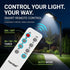 A smart remote control for a Hardoll outdoor LED pathway light, shown in the foreground with a nighttime garden scene in the background. The image includes text highlighting features like 'ON / OFF', '3H / 5H / 8H TIMER', 'AUTO MODE', and a wireless signal icon.