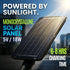 A monocrystalline solar panel mounted on a pole, shown at an angle against a blurred city street background with bright sunlight. Large text overlays read 'POWERED BY SUNLIGHT.