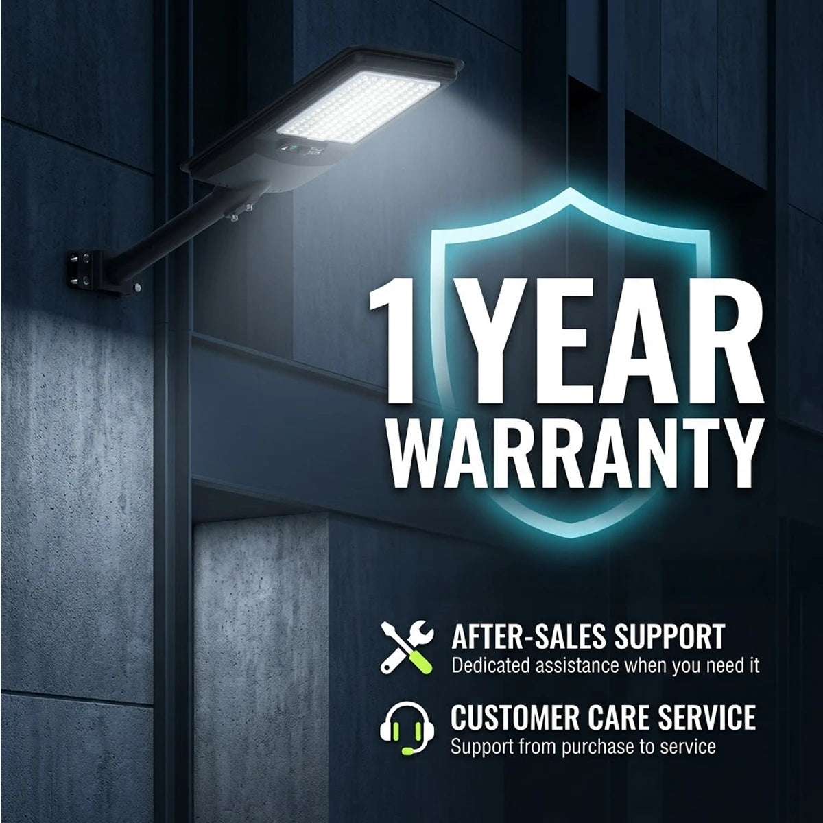 A wall-mounted LED street light shown in a dark outdoor setting with large text reading '1 YEAR WARRANTY' and smaller text about after-sales support and customer care service.