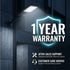 A wall-mounted LED street light shown in a dark outdoor setting with large text reading '1 YEAR WARRANTY' and smaller text about after-sales support and customer care service.