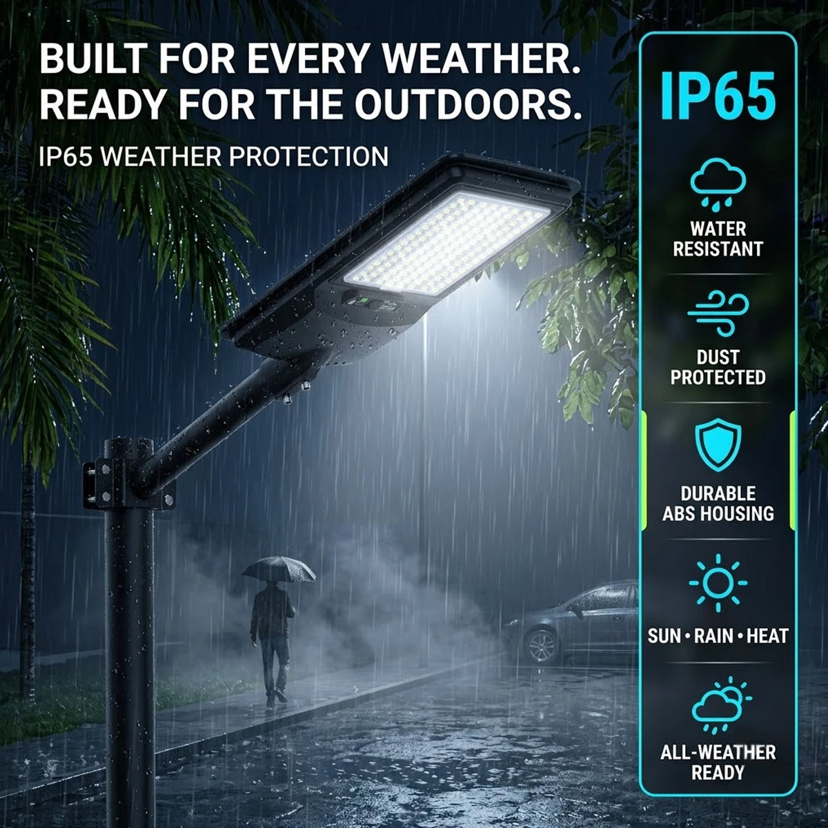 A black outdoor LED street light shown in a rainy scene, with a pole, illuminated light panel, palm leaves, a person holding an umbrella, and a car in the background. A vertical feature panel on the right lists IP65 weather protection claims including water resistant, dust protected, durable ABS housing, sun/rain/heat resistance, and all-weather ready.