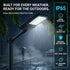 A black outdoor LED street light shown in a rainy scene, with a pole, illuminated light panel, palm leaves, a person holding an umbrella, and a car in the background. A vertical feature panel on the right lists IP65 weather protection claims including water resistant, dust protected, durable ABS housing, sun/rain/heat resistance, and all-weather ready.