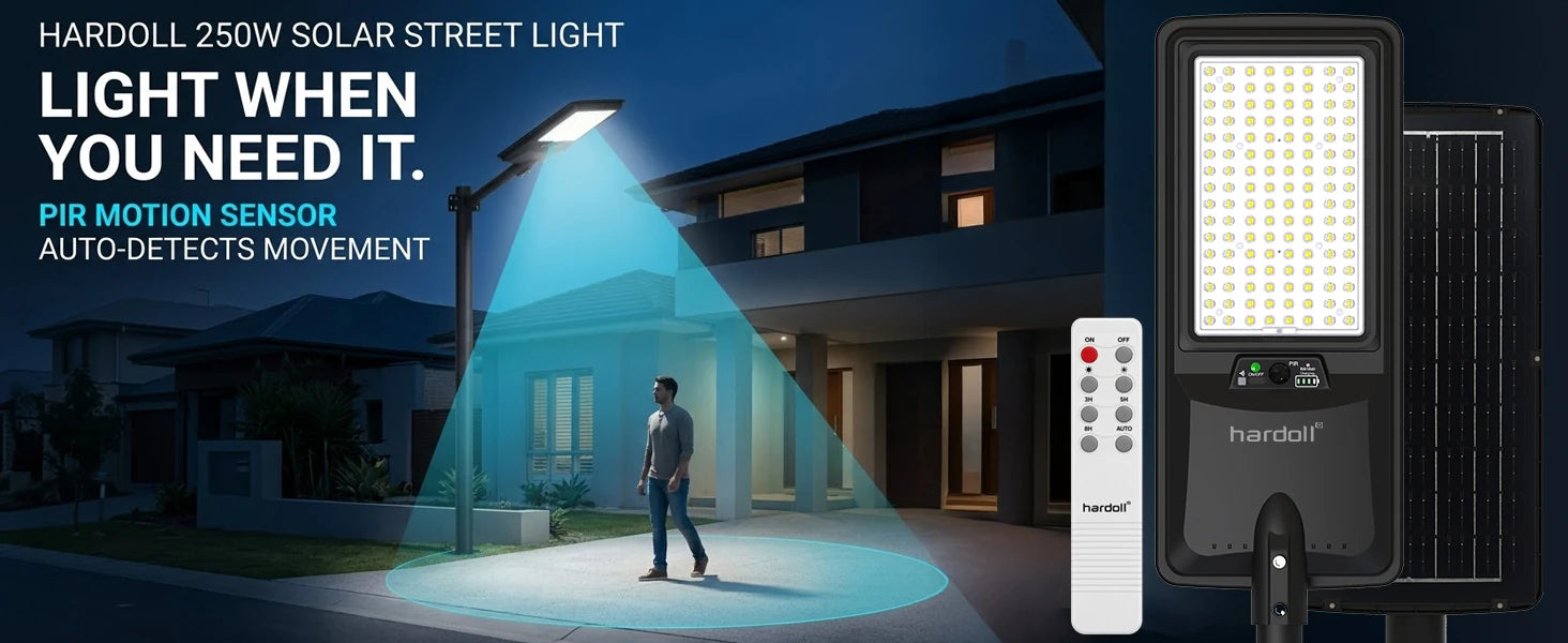 Hardoll 250W solar street light shown in a nighttime neighborhood scene with a person walking under its blue light beam, plus a large product cutout on the right showing the light fixture, remote, and solar panel. Text highlights motion detection and automatic lighting.