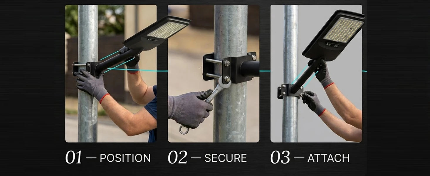 Three-panel instructional graphic showing how to mount and secure a black LED street light pole kit onto a metal pole. The panels are labeled '01 - POSITION', '02 - SECURE', and '03 - ATTACH' with hands wearing gloves visible in the photos.