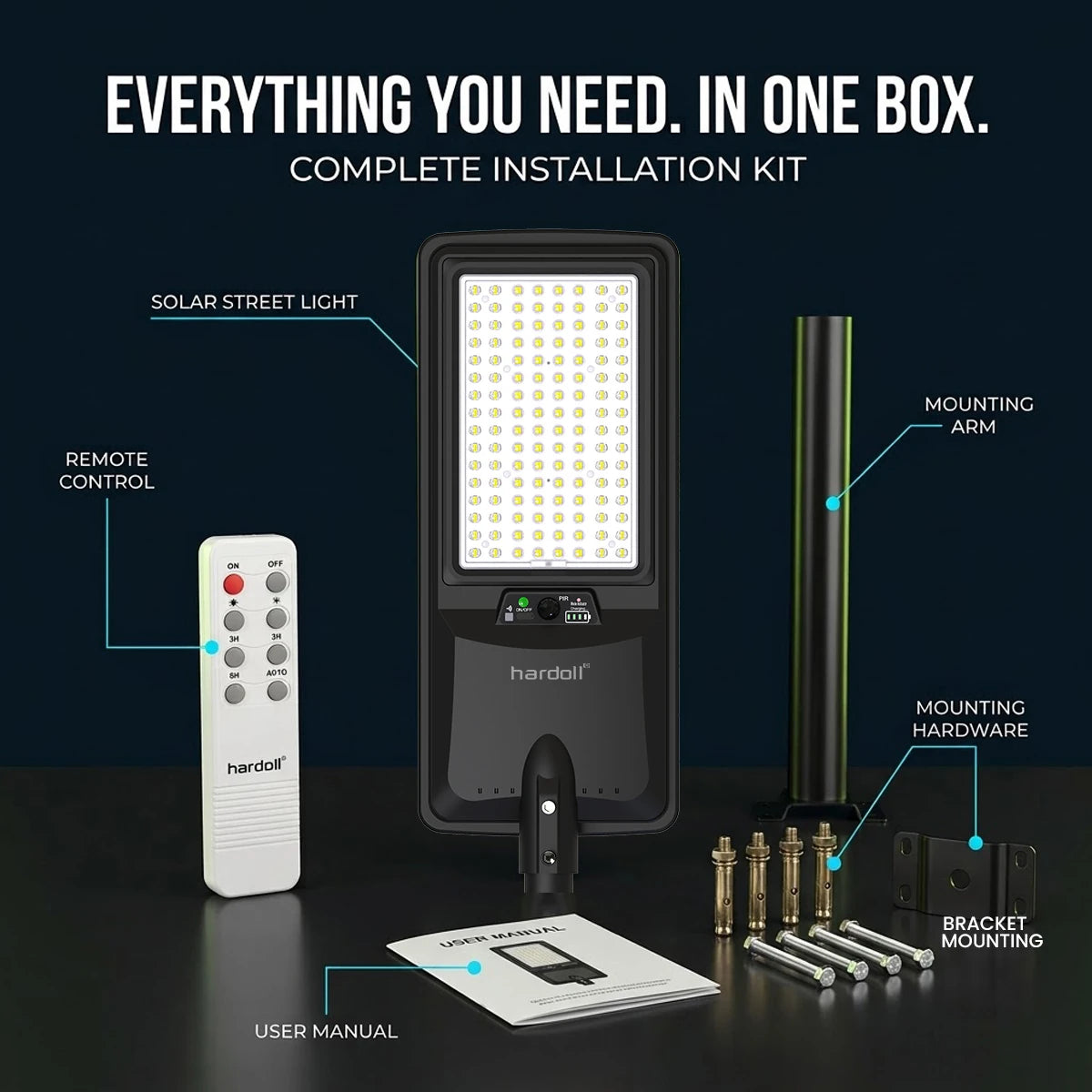 Hardof solar street light complete installation kit on a dark background, showing the black solar light, white remote control, mounting arm, mounting hardware, bracket, and user manual with callout labels.