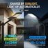 A split-screen promotional graphic for a solar outdoor light post. The left half shows the light in daylight charging a solar panel on a house exterior, with text reading '6-8HRS SOLAR CHARGING 5V/24W MONO SOLAR PANEL.
