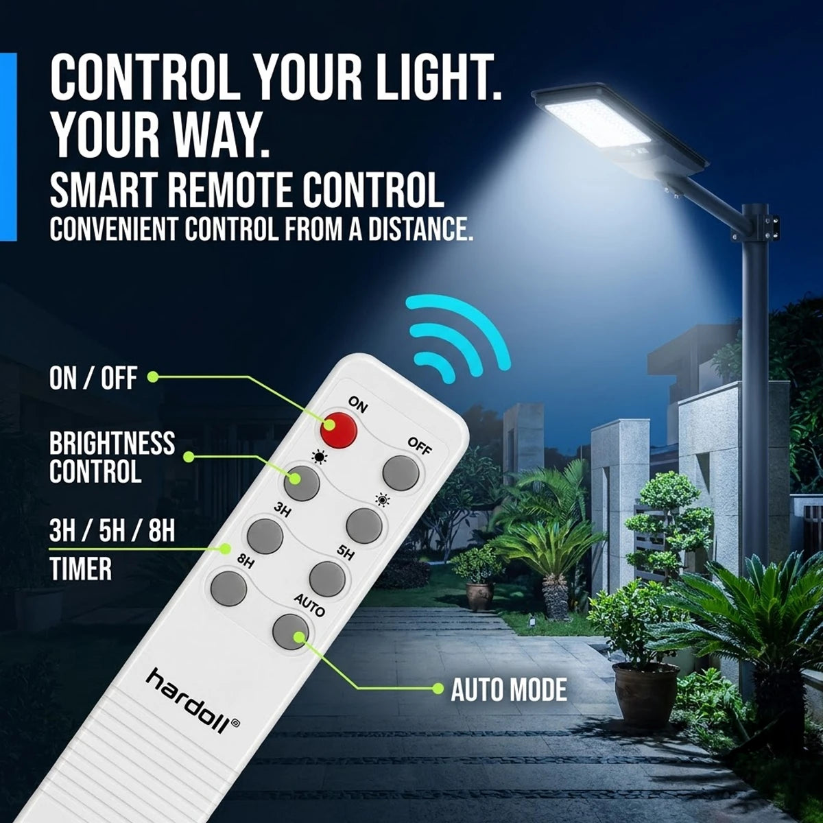 A white Harddoll smart remote control for an outdoor solar light, shown diagonally over a nighttime scene of a garden pathway illuminated by the light. The image includes text callouts explaining the remote's features like on/off, brightness control, timers, and auto mode.