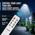 A white Harddoll smart remote control for an outdoor solar light, shown diagonally over a nighttime scene of a garden pathway illuminated by the light. The image includes text callouts explaining the remote's features like on/off, brightness control, timers, and auto mode.