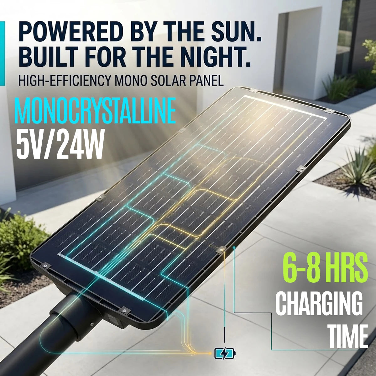 A monocrystalline 5V/24W solar panel mounted on a black pole, shown outdoors with promotional text reading 'Powered by the sun. Built for the night.