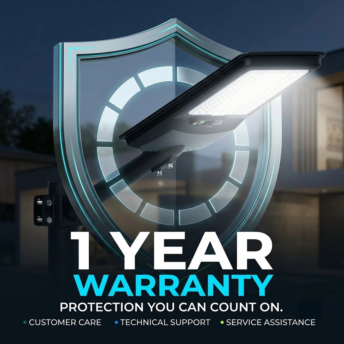 A modern outdoor LED street light mounted on a black post, shown in front of a large glowing shield graphic with the text '1 YEAR WARRANTY' and smaller text listing customer care, technical support, and service assistance.