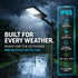A solar street light shown lit in heavy rain, with large marketing text reading 'BUILT FOR EVERY WEATHER. READY FOR THE OUTDOORS.