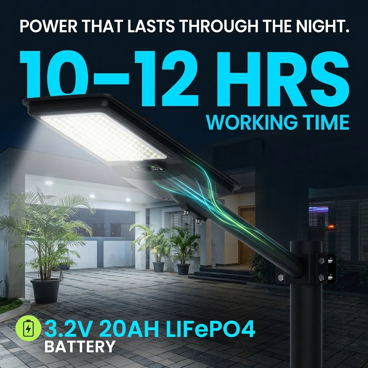 A solar-powered outdoor street light shown mounted on a post at night, illuminating a modern patio area. Large text reads 'POWER THAT LASTS THROUGH THE NIGHT.