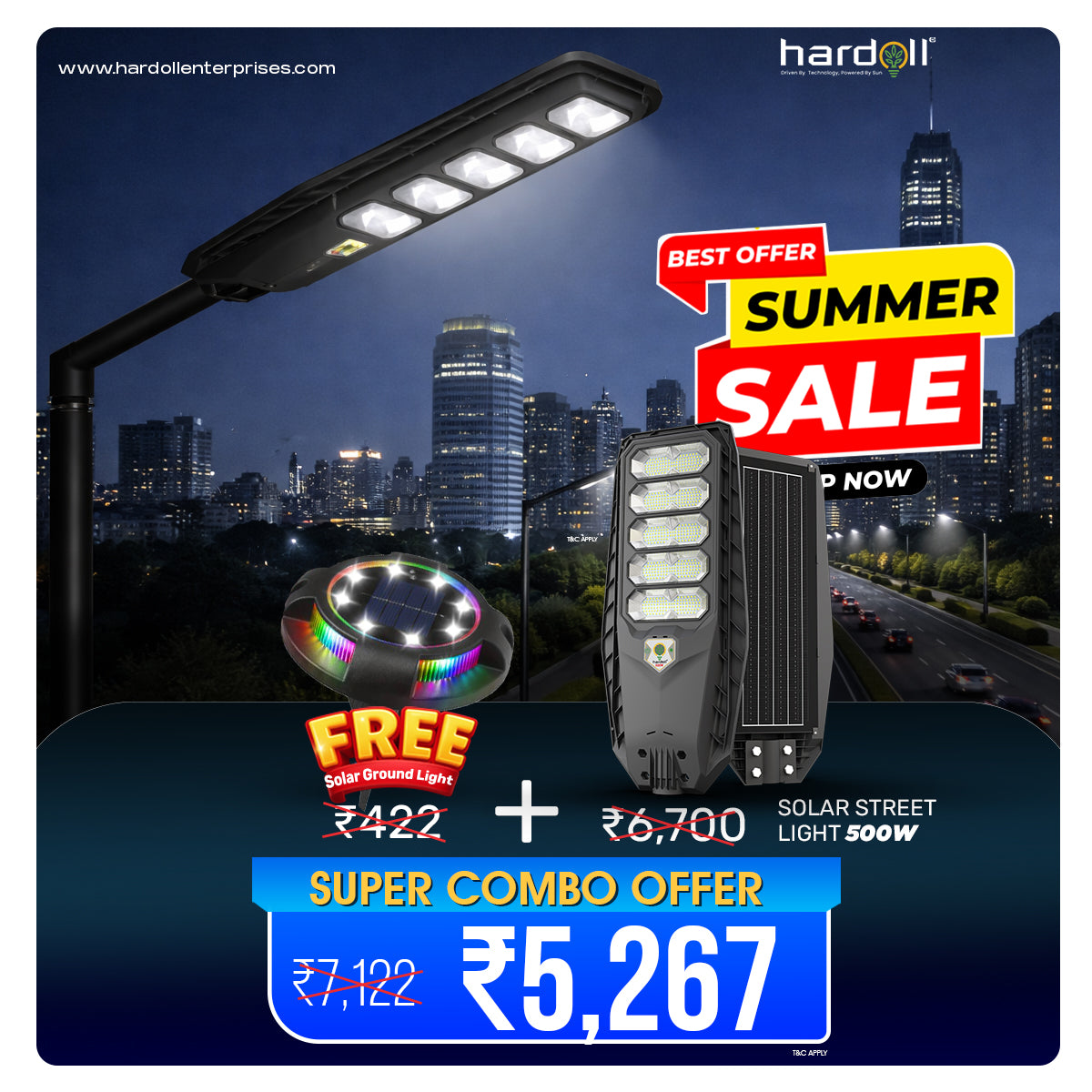 Hardoll 500W All in One Solar Street Light LED Outdoor Waterproof Lamp for Home Garden (ABS-Pack of 1)