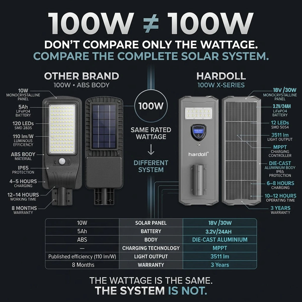 Hardoll 100W Solar Street Light – Waterproof LED, 24000mAh Replaceable Battery | Solar Light for Home, Garden & Yard India (Cool White)