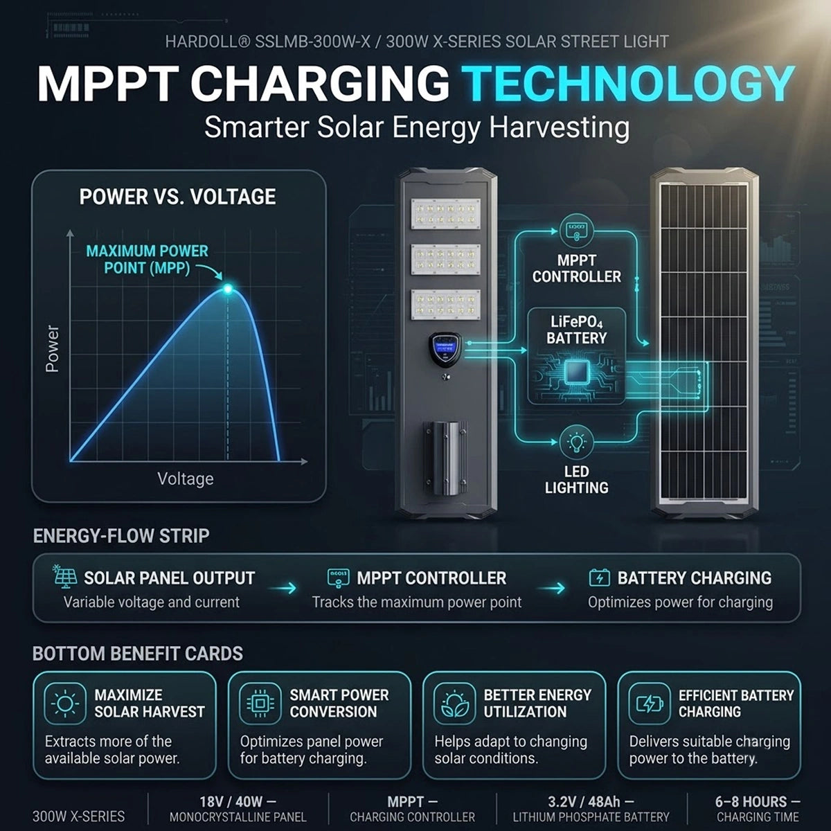 MPPT charging technology 300W solar street light