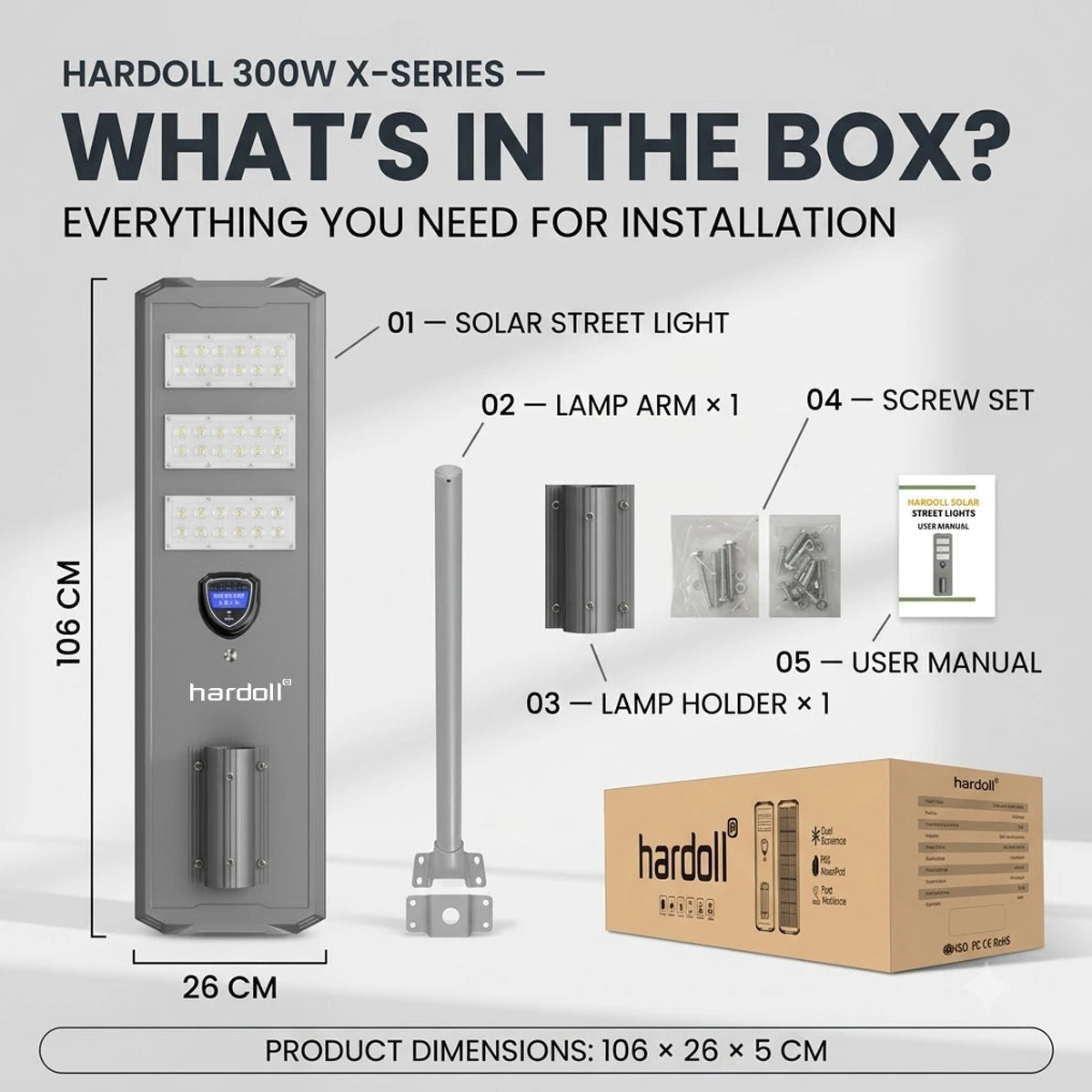 what all are there in the box  for the installation process of the hardoll solar street light