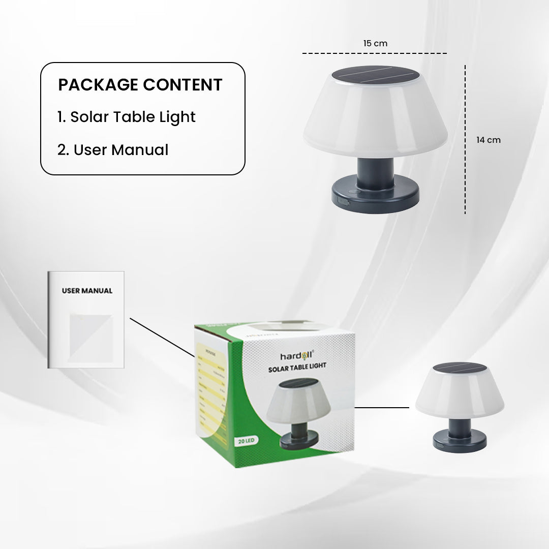 Solar table light with packaging and user manual on a white background