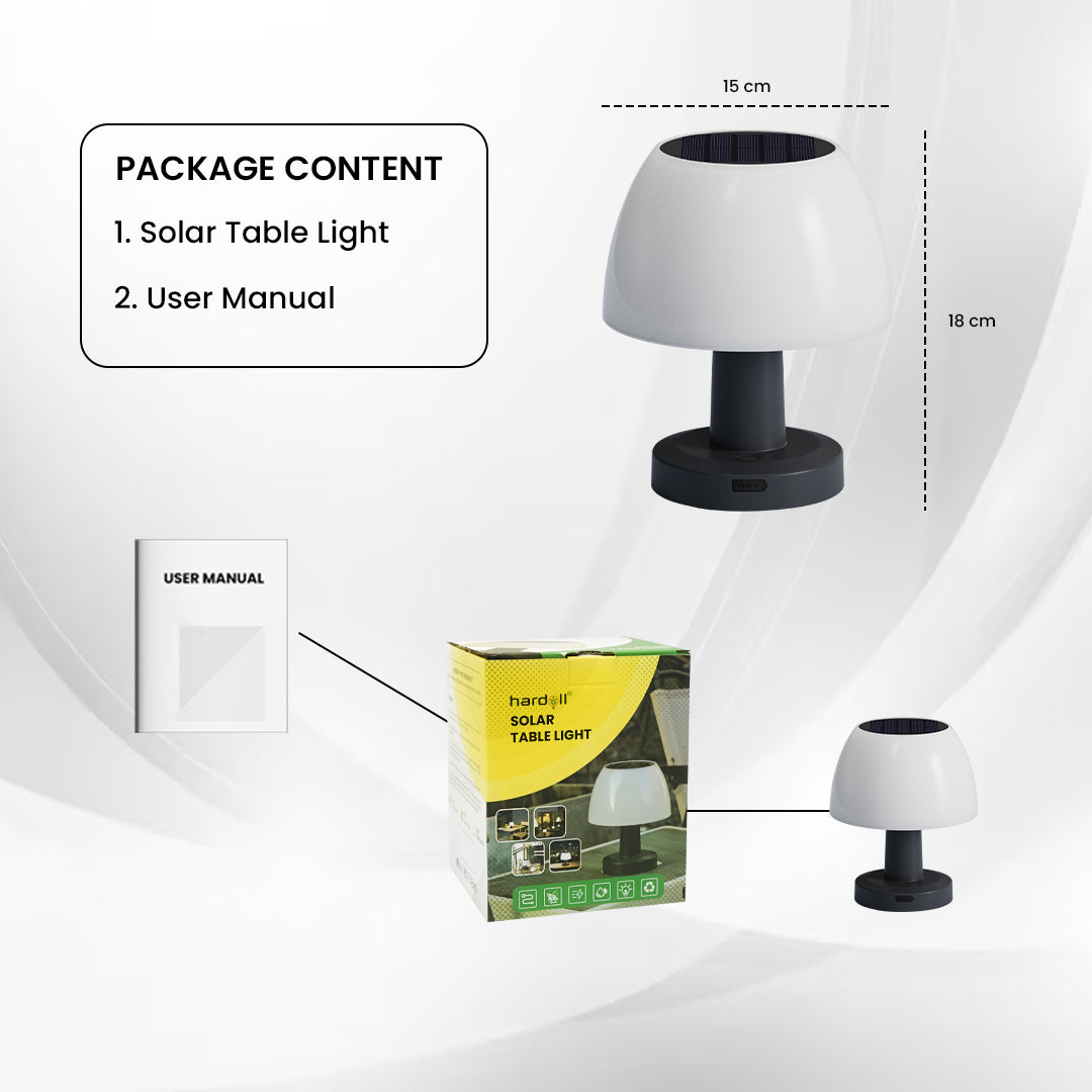 Solar table light with packaging and user manual on a white background