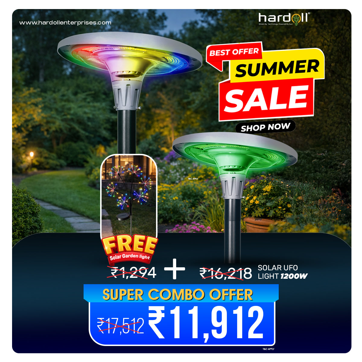 Hardoll 1200W Solar UFO Light for Home Garden LED Waterproof Outdoor Lamp (Warm White &Cool White+RGB)