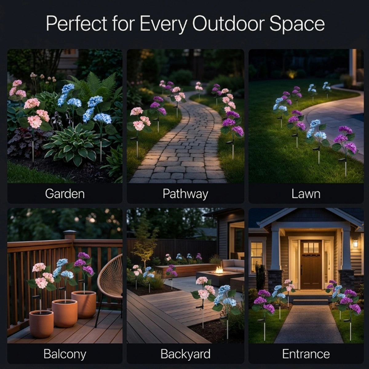 Collage of outdoor lighting fixtures in various settings including garden, pathway, lawn, balcony, backyard, and entrance.