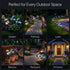 Collage of outdoor lighting fixtures in various settings including garden, pathway, lawn, balcony, backyard, and entrance.