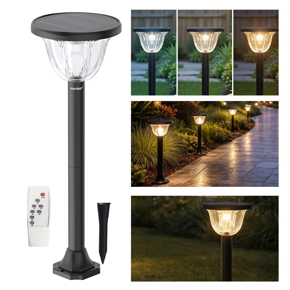 Hardoll Solar Gate & Garden Lights – 72 LED, 3 Color Modes, IP65 Waterproof, LiFePO4 Battery, Remote Control Pillar Lamp with Pole (pack of 1)