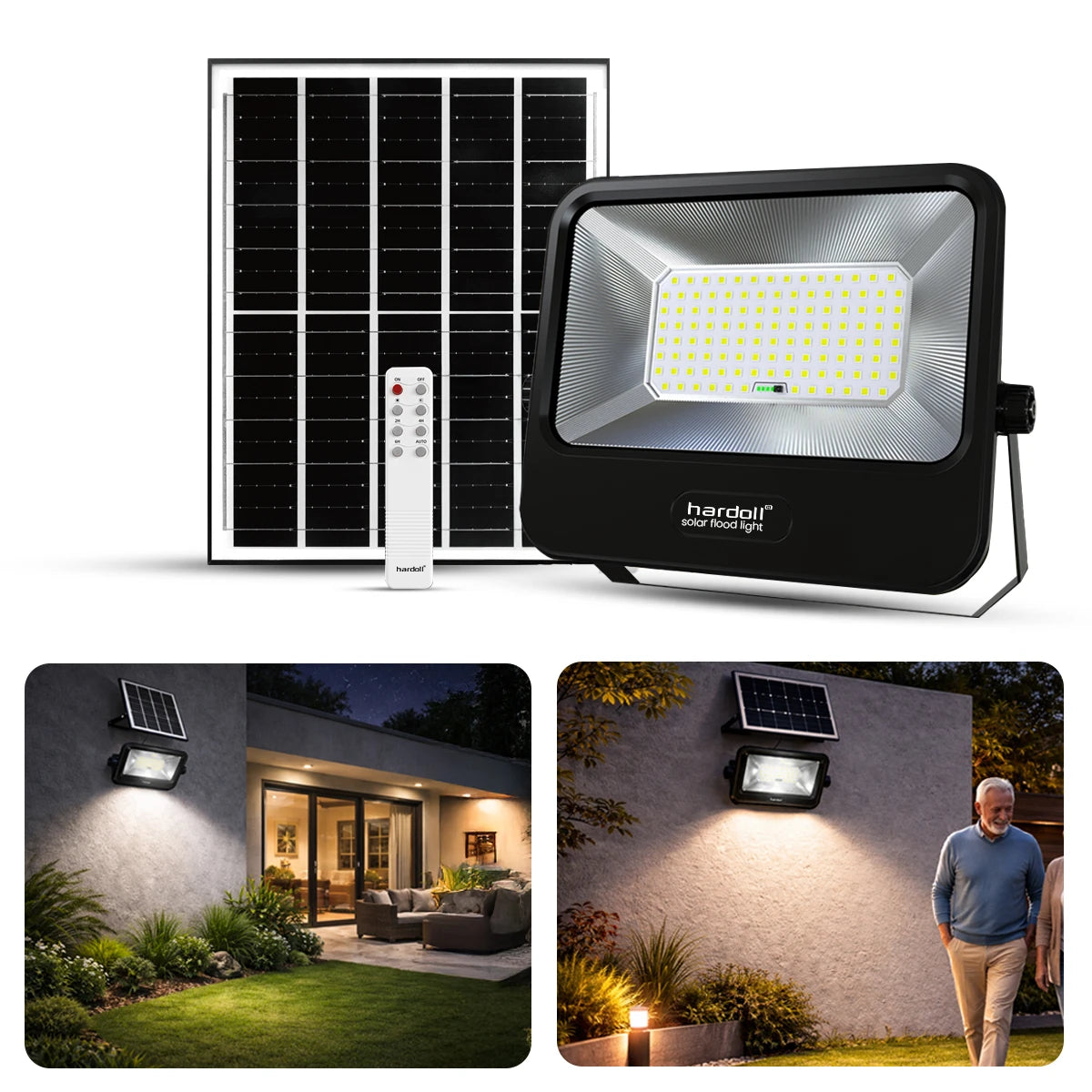 Solar flood light with panel, remote, and installation examples on a white background
