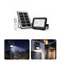 Solar flood light with remote control, solar panel, and installation examples on a white background.