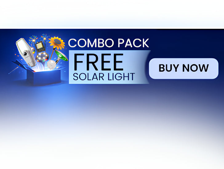 Promotional graphic for a combo pack with a free solar light, featuring a 'Buy Now' button.