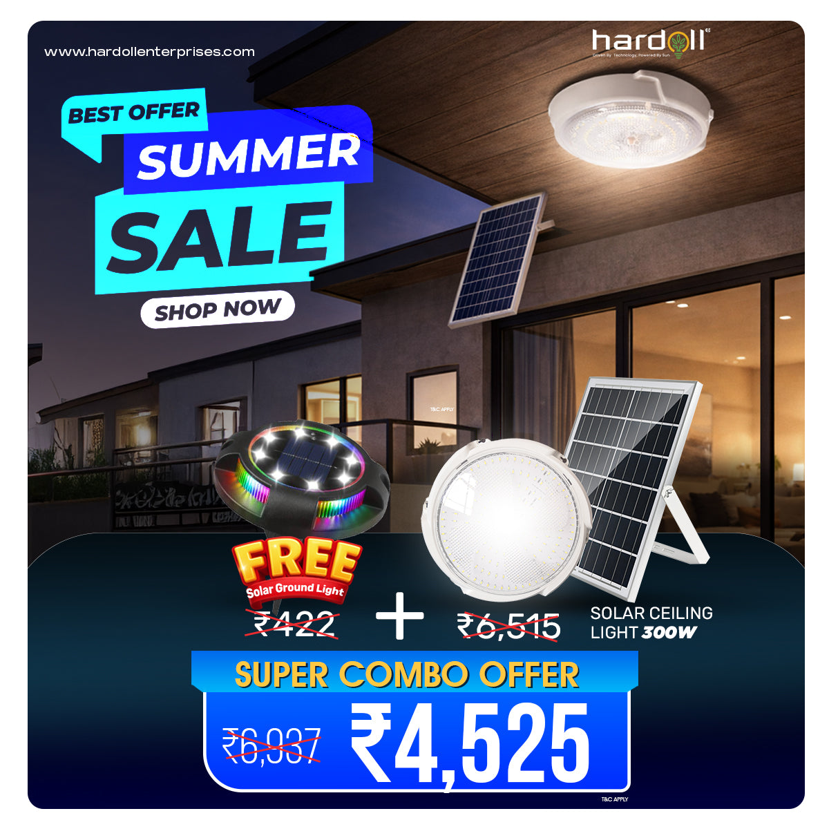 Hardoll 300W Solar Light Outdoor LED Waterproof Garden Indoor Ceiling Lamp