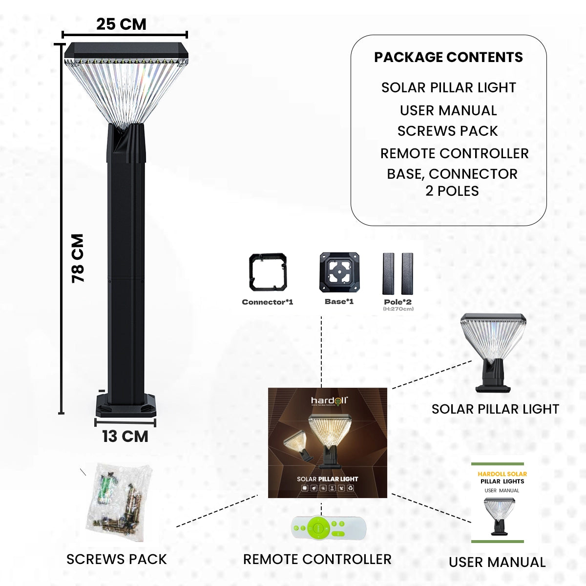 Solar pillar light with dimensions, package contents, and components on a white background