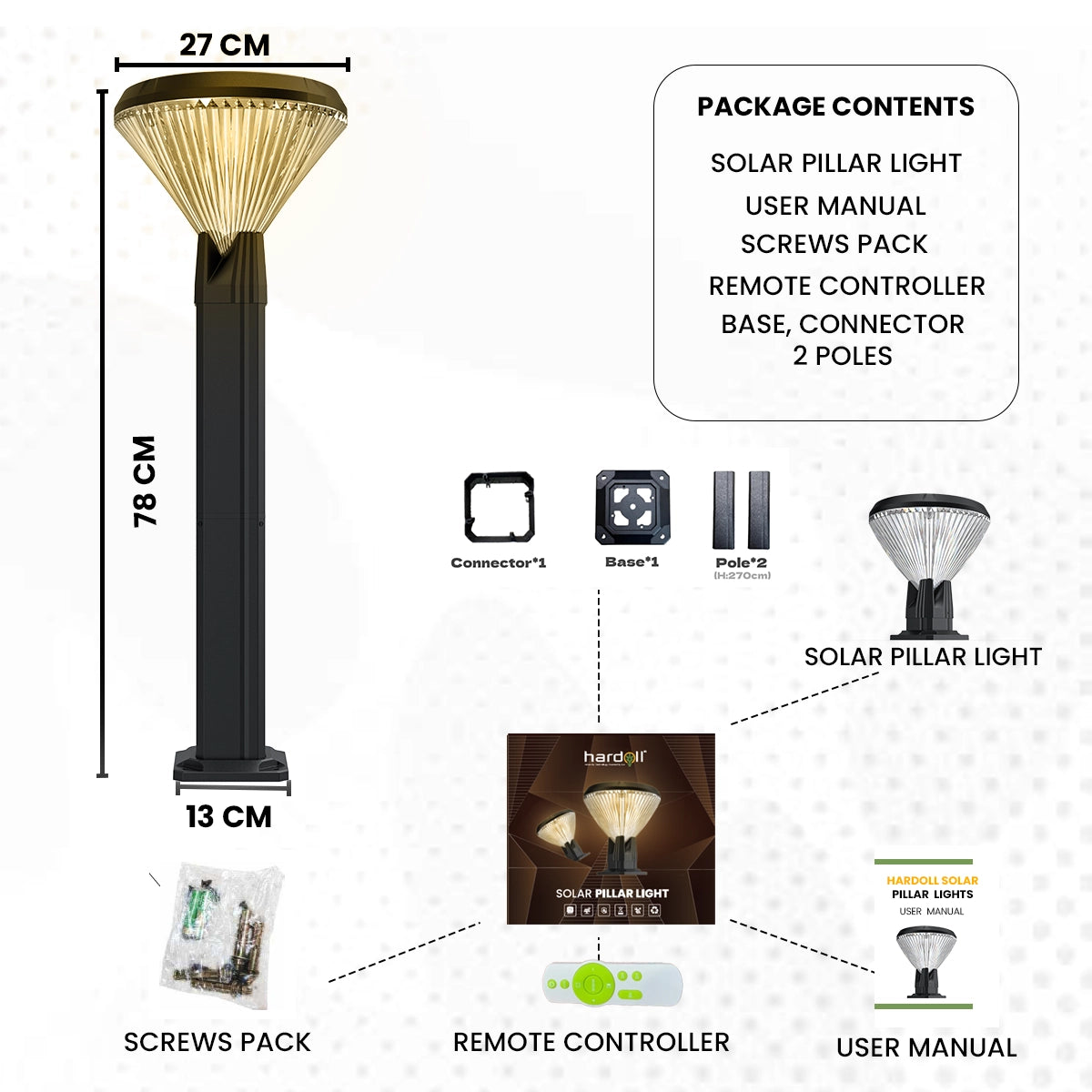 Solar pillar light with dimensions, package contents, and product details on a white background