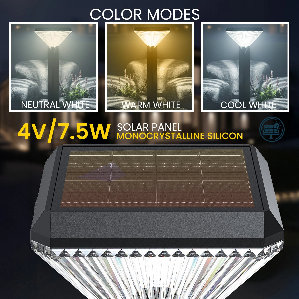 Solar panel with color mode options and specifications on a dark background