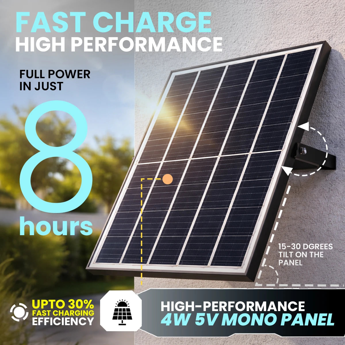 Solar panel with text highlighting fast charging and high performance features.