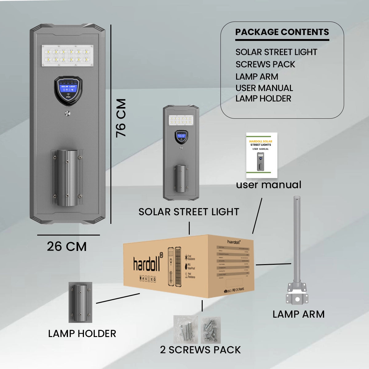 Solar street light package with components and dimensions on a gray background