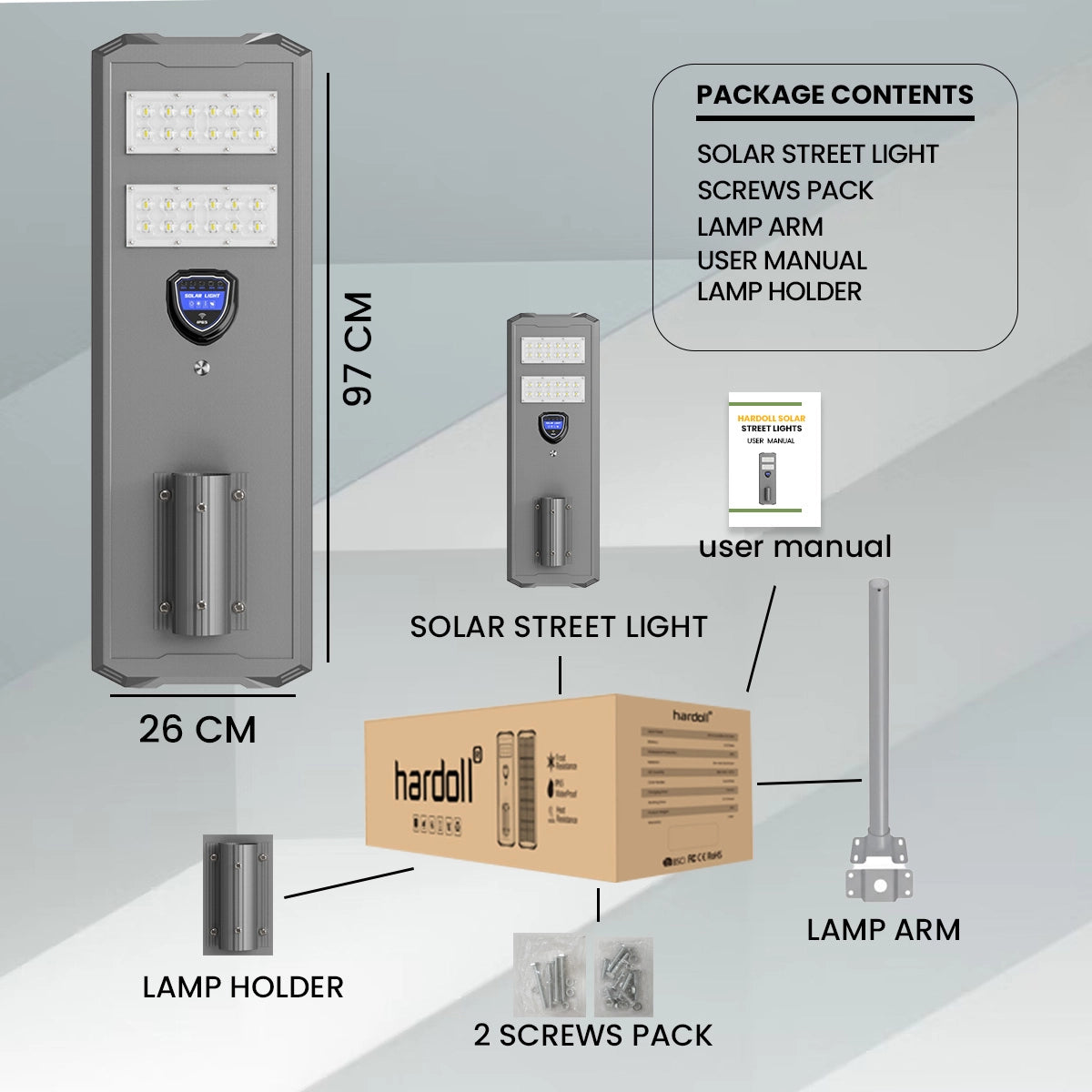 Solar street light package with components and dimensions on a gray background