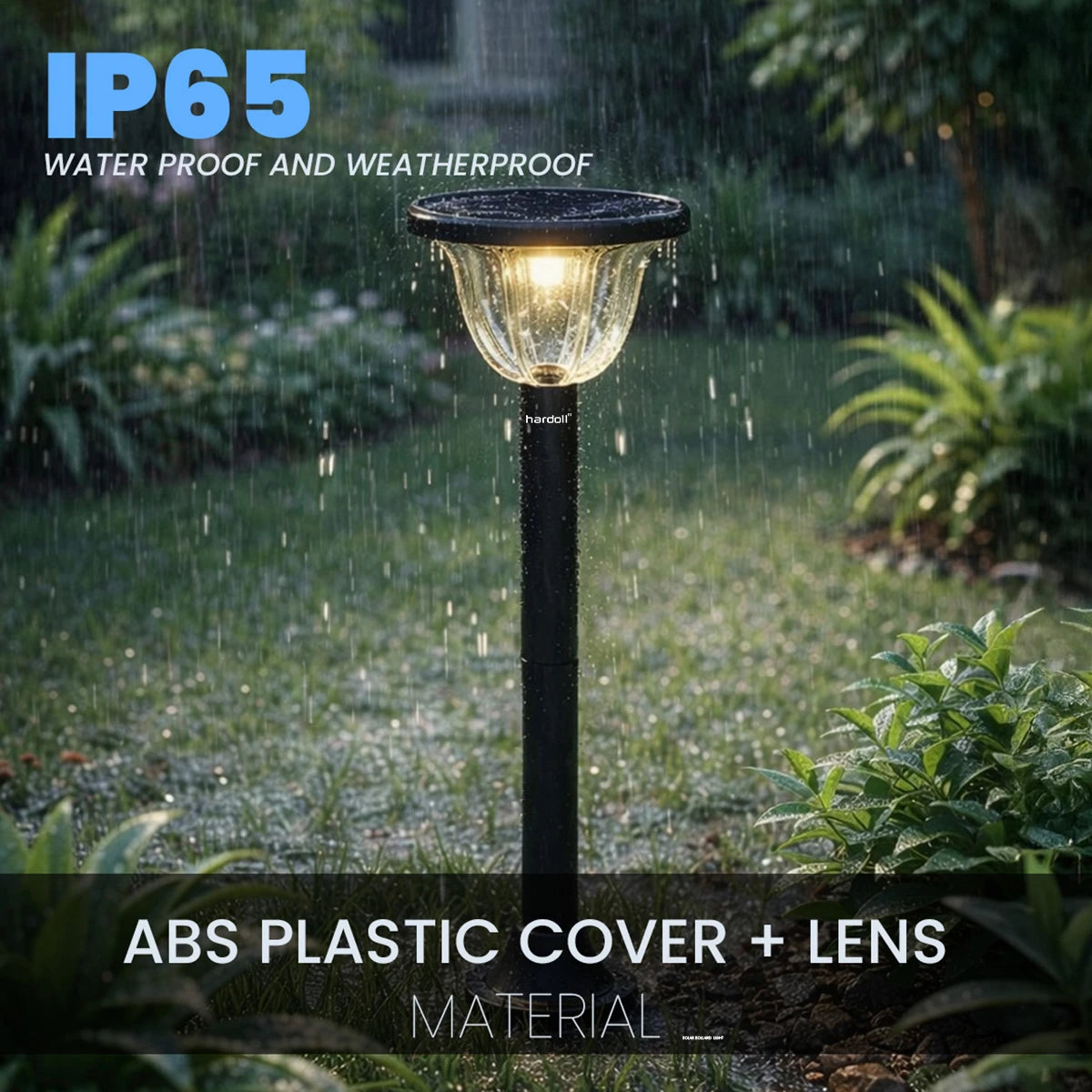 Outdoor garden light fixture in a rain-soaked garden with waterproof rating text.