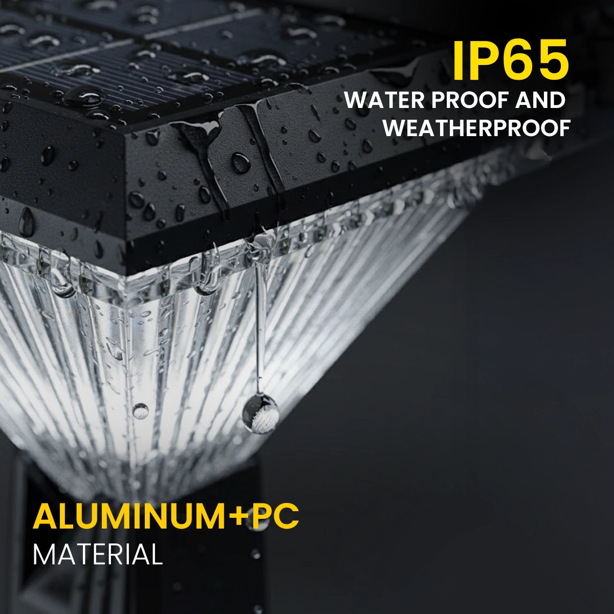 Waterproof and weatherproof LED light with IP65 rating and aluminum+PC material on a dark background.