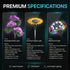 Three types of solar garden lights with specifications on a dark background