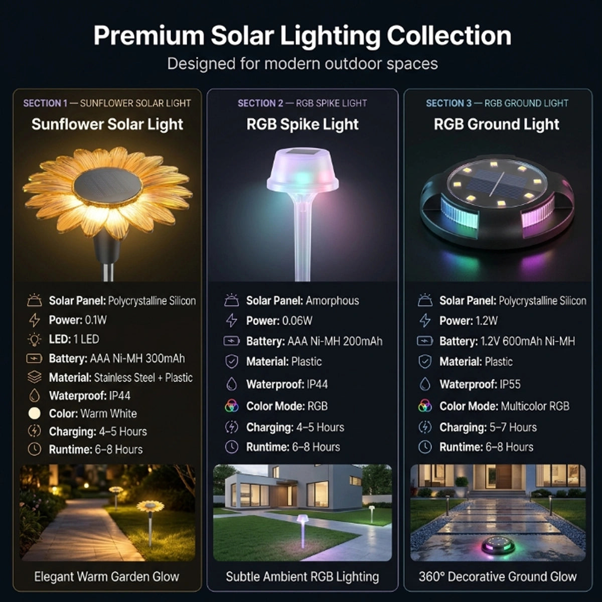 Premium solar lighting collection with sunflower solar light, RGB spike light, and RGB ground light on a dark background.